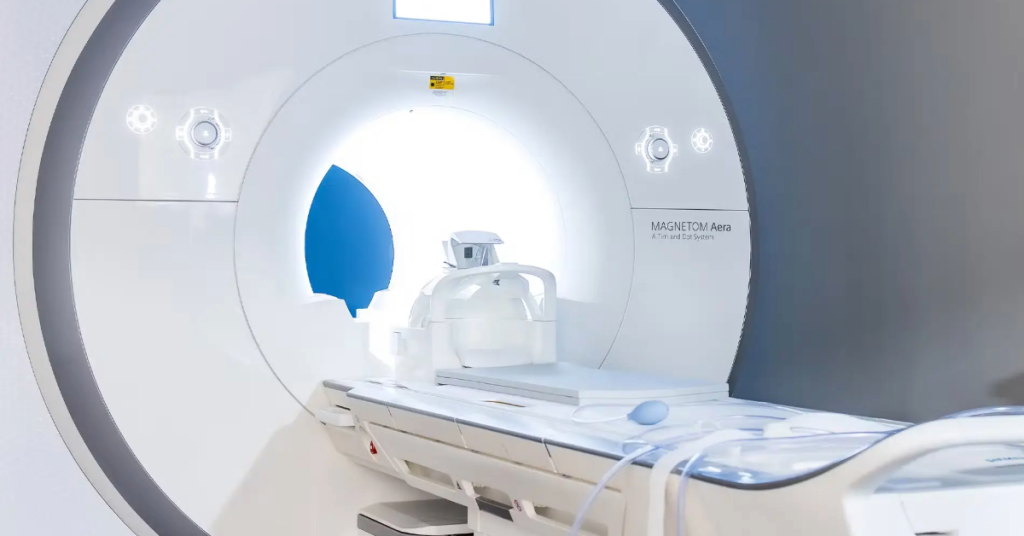 A modern MRI machine in a clean medical facility, designed for advanced health scans and diagnostic imaging.