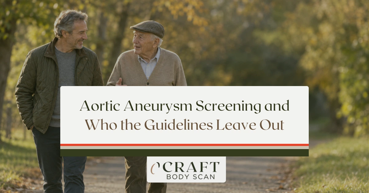 Son in his late 50s walking with his elderly father on an autumn path, a reminder that family history matters in aortic aneurysm screening