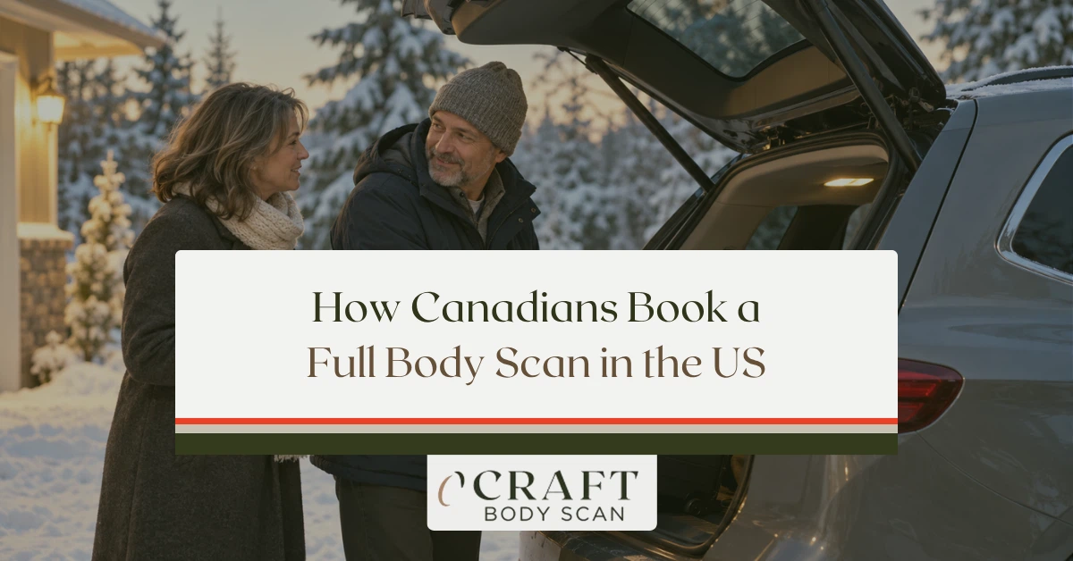 Couple loading a carry-on into their car on a snowy Canadian morning before driving south for a full body scan in the US